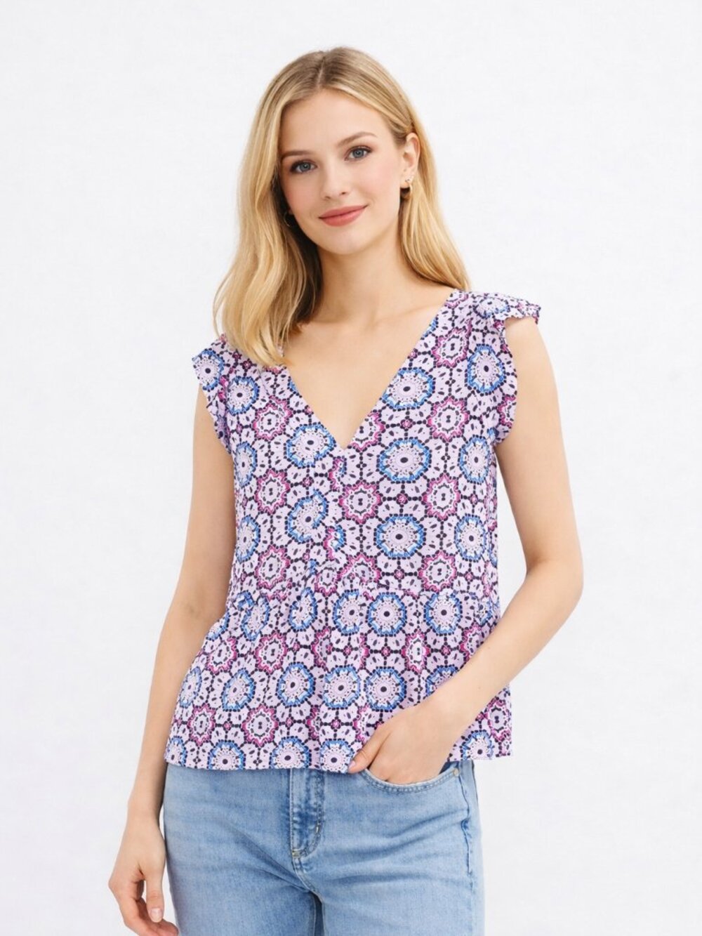 LOFT Flutter-sleeve Peplum V-Neck Top in Pink Blue Mosaic Pattern NWT Size XSP